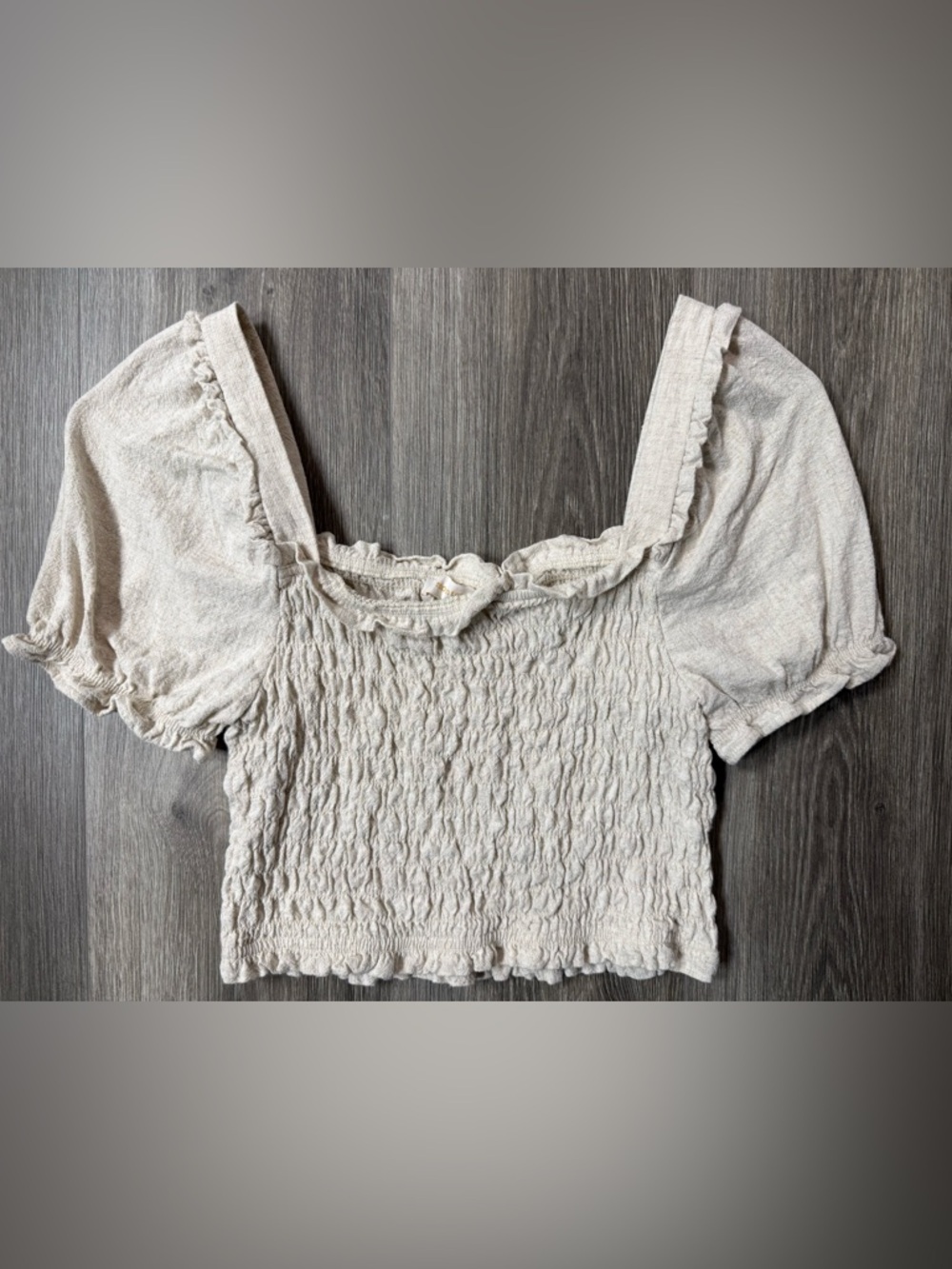 Montaeu LA Smocked Crop Top M Puff Sleeve Ruffle Square Neck Cream Cottagecore